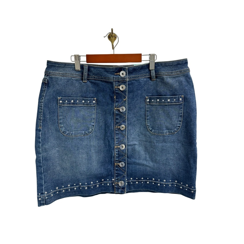 INC International Concepts Rhinestone Button Front Denim Mini Skirt Blue Size 16